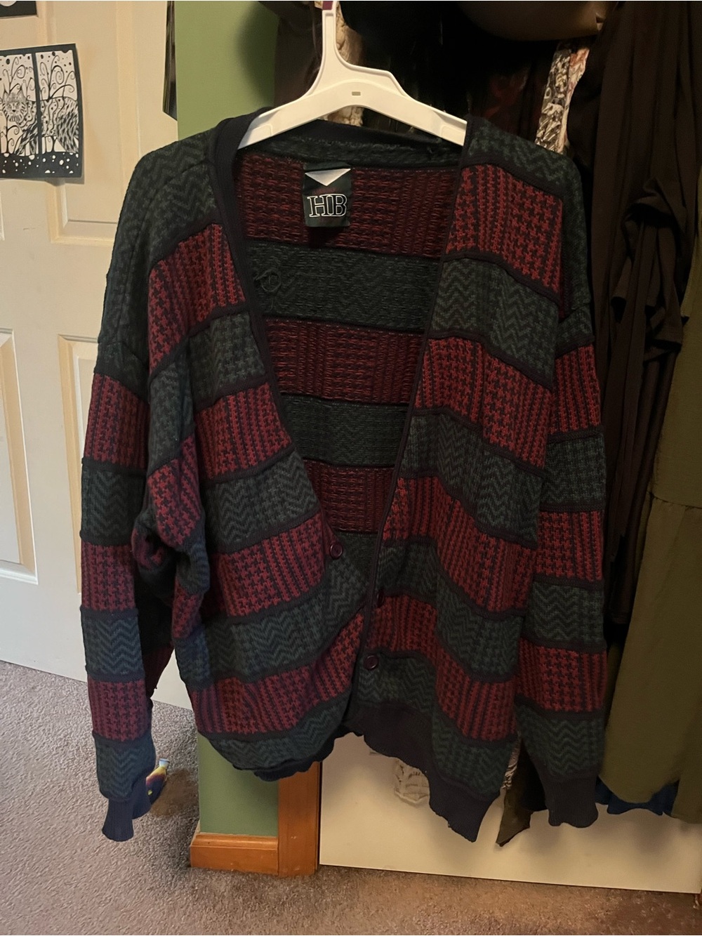 HB Men's Burgundy and Dark Green Striped Cardigan Sweater